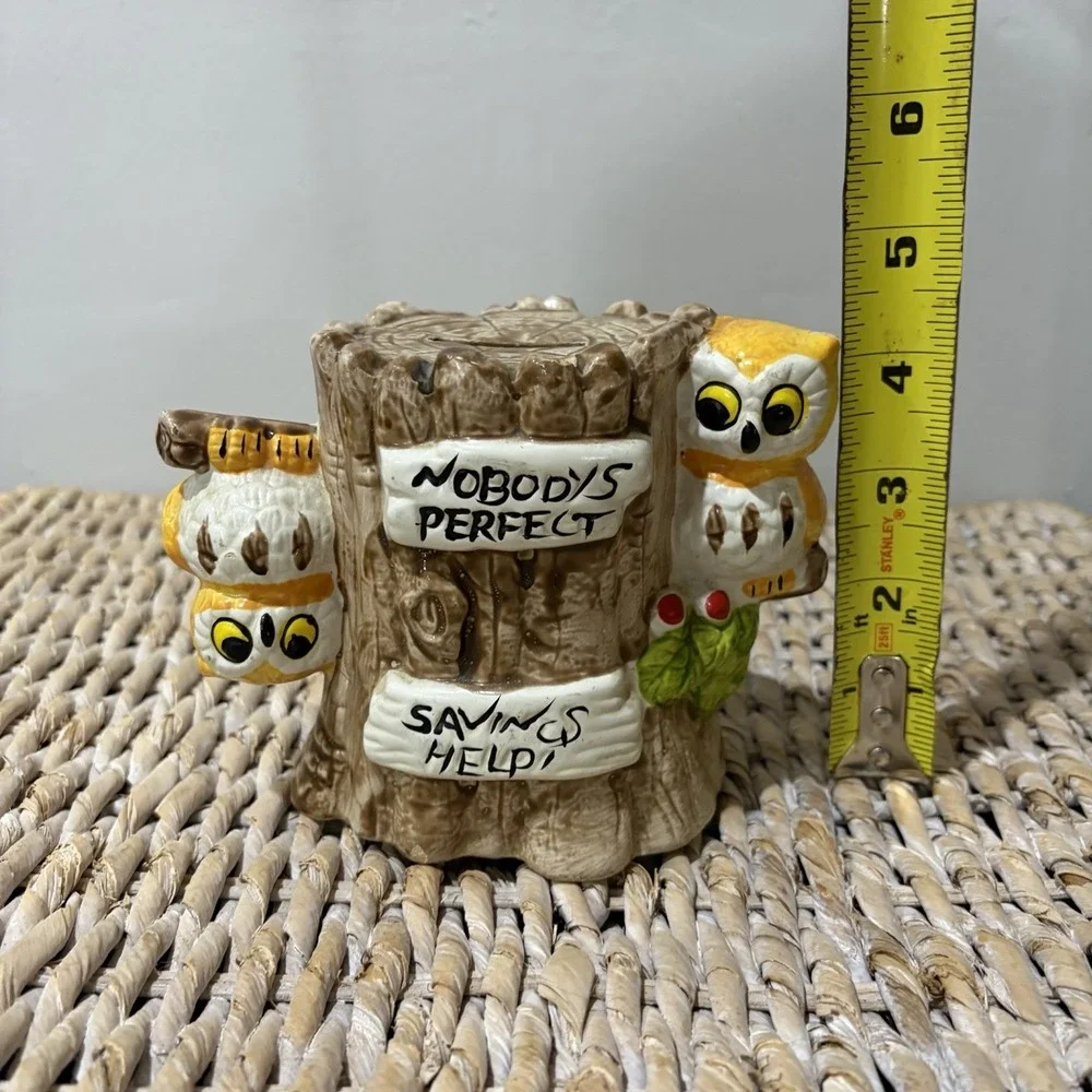 Vintage Enesco Owl Coin Bank Ceramic Hand Painted Nobody's Perfect Savings Help